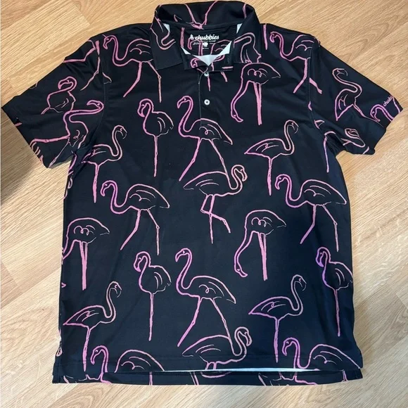 CHUBBIES The Pretty Pallet Performance Flamingo Print Golf Polo Size Large VGUC - Picture 2 of 5